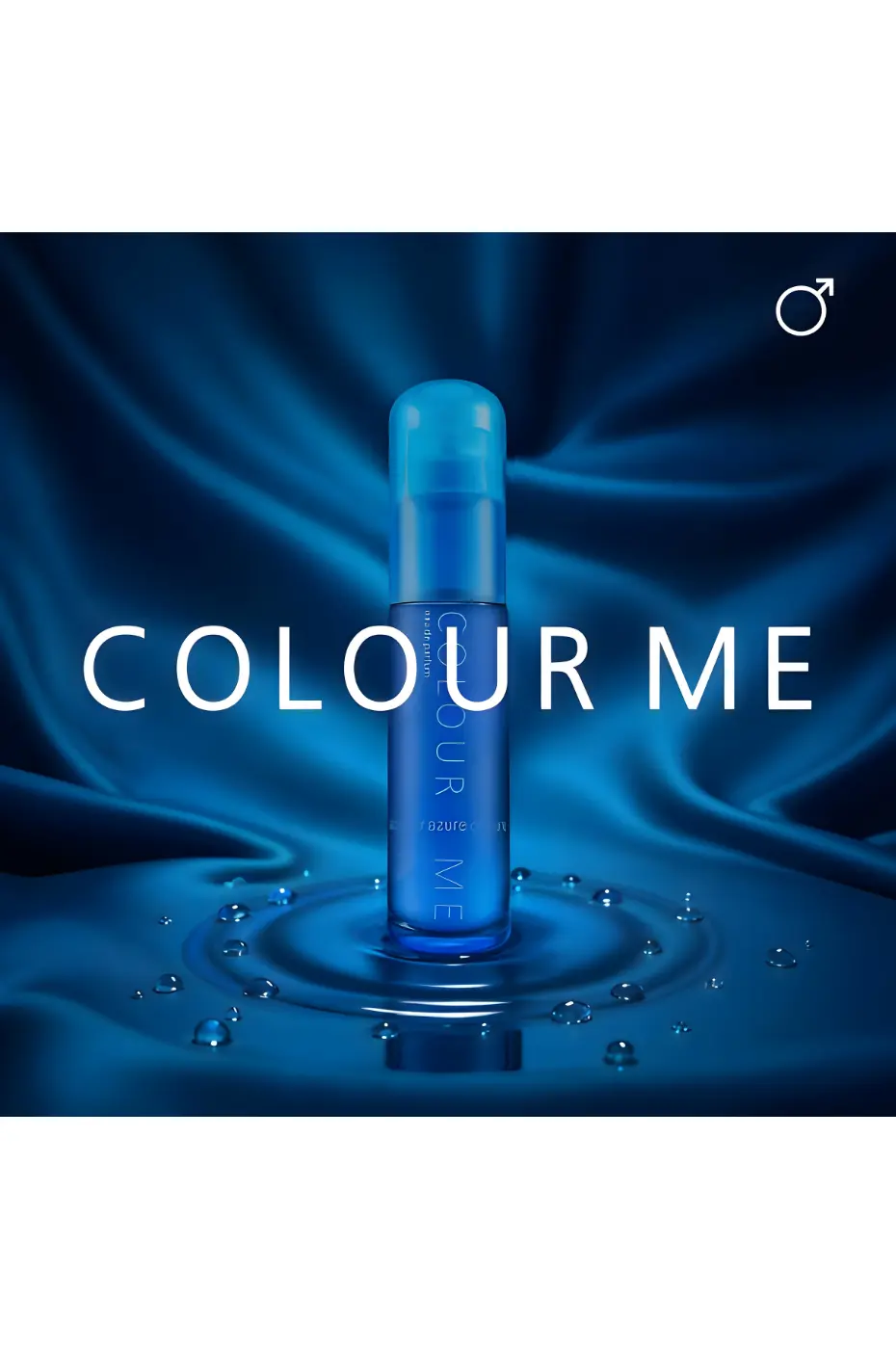 Frais et Aquatique Flacon bleu Colour Me Azure Homme 50ml, sur une surface d'eau avec ondulations. Représentation fraîche et aquatique du parfum.