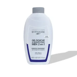 Flacon blanc de Gel Douche et Shampooing 2 en 1 Byphasse Men Groovy Paradise 600ml, notes citriques et aquatiques.