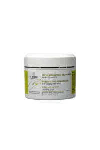 Pot de Crème Réparatrice K Reine 250ml pour mains et ongles au beurre de karité, huile d'argan et vitamine E sur fond blanc.