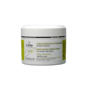 Pot de Crème Réparatrice K Reine 250ml pour mains et ongles au beurre de karité, huile d'argan et vitamine E sur fond blanc.