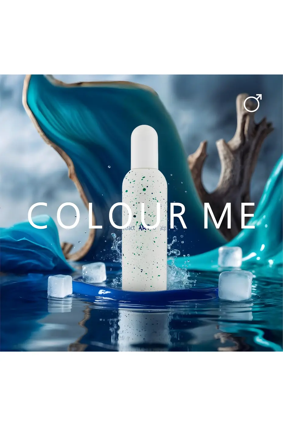 La fraîcheur vivifiante Flacon Colour Me au milieu d'éclaboussures d'eau et de glaçons. Ambiance fraîche aux tons bleu et turquoise.