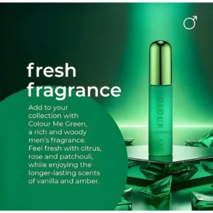 Présentation du parfum Colour Me Green entouré de cristaux verts, mettant en avant ses notes de patchouli et de vanille.
