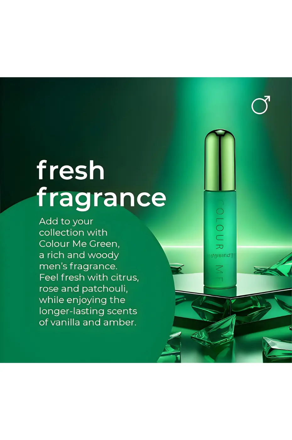 L’Élégance Boisée pour Homme Présentation du parfum Colour Me Green entouré de cristaux verts, mettant en avant ses notes de patchouli et de vanille.