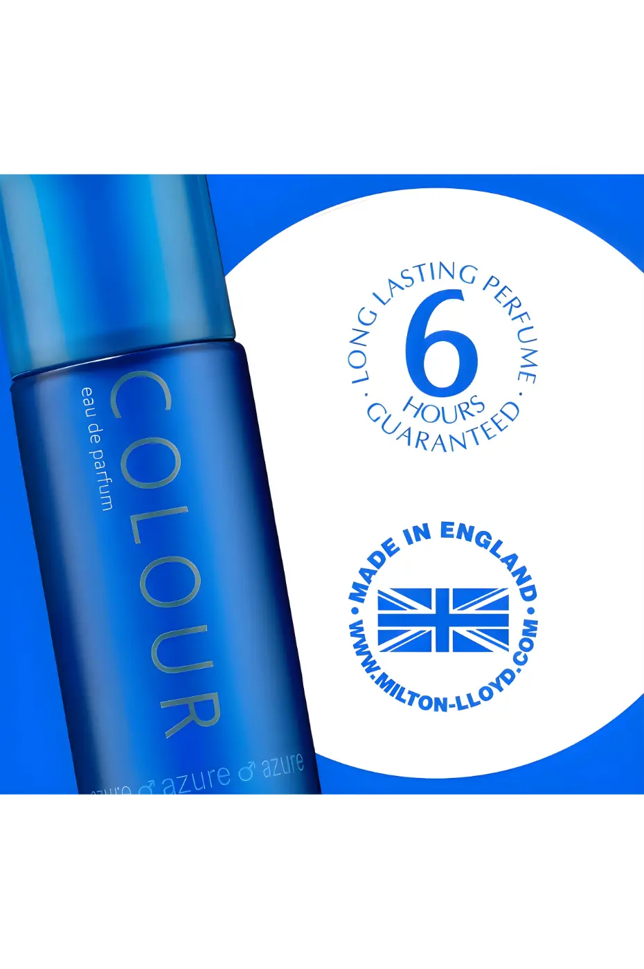 Longue Durée 6h | Made in England Flacon Colour Me Azure Homme, avec garantie 6 heures de longue durée. Parfum fabriqué en Angleterre par Milton-Lloyd.