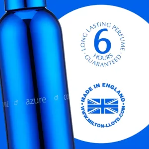 Gros plan sur la bouteille Colour Me Azure. Indication : Longue tenue 6 heures garantie et Made in England.