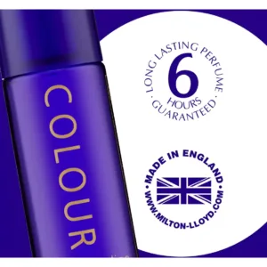Flacon Colour Me Indigo sur fond doré : parfum féminin longue tenue, fabriqué en Angleterre, élégant et sophistiqué.