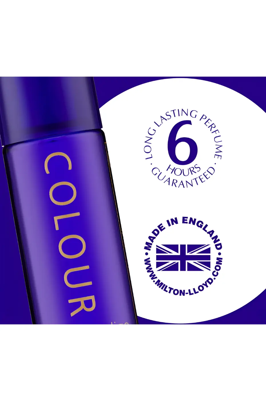 Longue Tenue Made in UK Flacon Colour Me Indigo sur fond doré : parfum féminin longue tenue, fabriqué en Angleterre, élégant et sophistiqué.