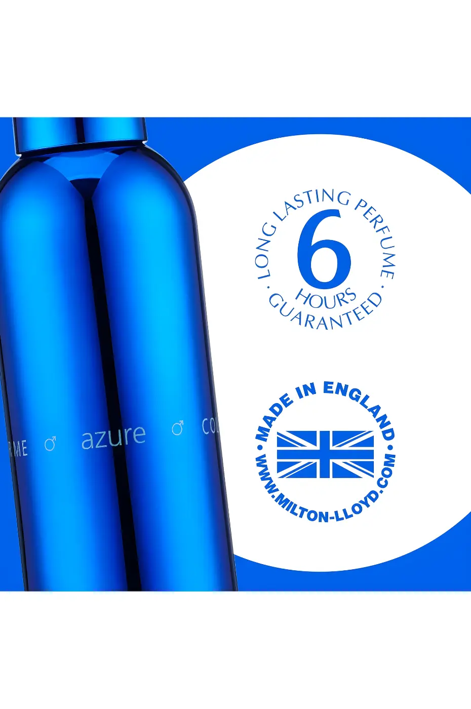 Longue Tenue Gros plan sur la bouteille Colour Me Azure. Indication : Longue tenue 6 heures garantie et Made in England.