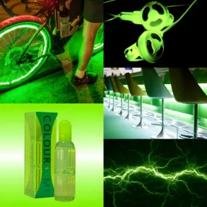 Collage d'inspiration pour Colour Me Volt : vélo néon, flacon, éclair vert et design intérieur lumineux, symbolisant l'énergie et l'audace.