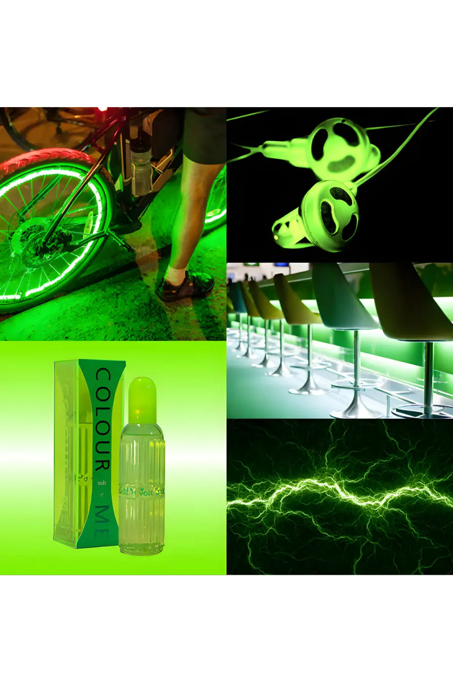L’Univers Volt Collage d'inspiration pour Colour Me Volt : vélo néon, flacon, éclair vert et design intérieur lumineux, symbolisant l'énergie et l'audace.
