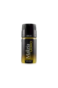 Déodorant Malizia Uomo Gold 150 ml, design élégant noir et doré, parfum intense pour homme, format spray pratique.
