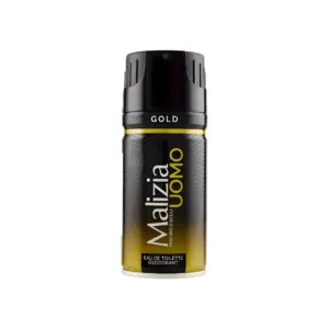 Déodorant Malizia Uomo Gold 150 ml, design élégant noir et doré, parfum intense pour homme, format spray pratique.