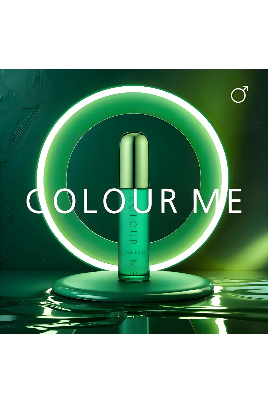 Notes Boisées et Fraîcheur de Patchouli Flacon Colour Me Green entouré de cristaux émeraude sur un fond vert, illustrant une fragrance fraîche pour homme.