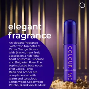 Flacon Colour Me Indigo sur fond doré : parfum féminin élégant aux notes florales, boisées et musquées longue tenue.