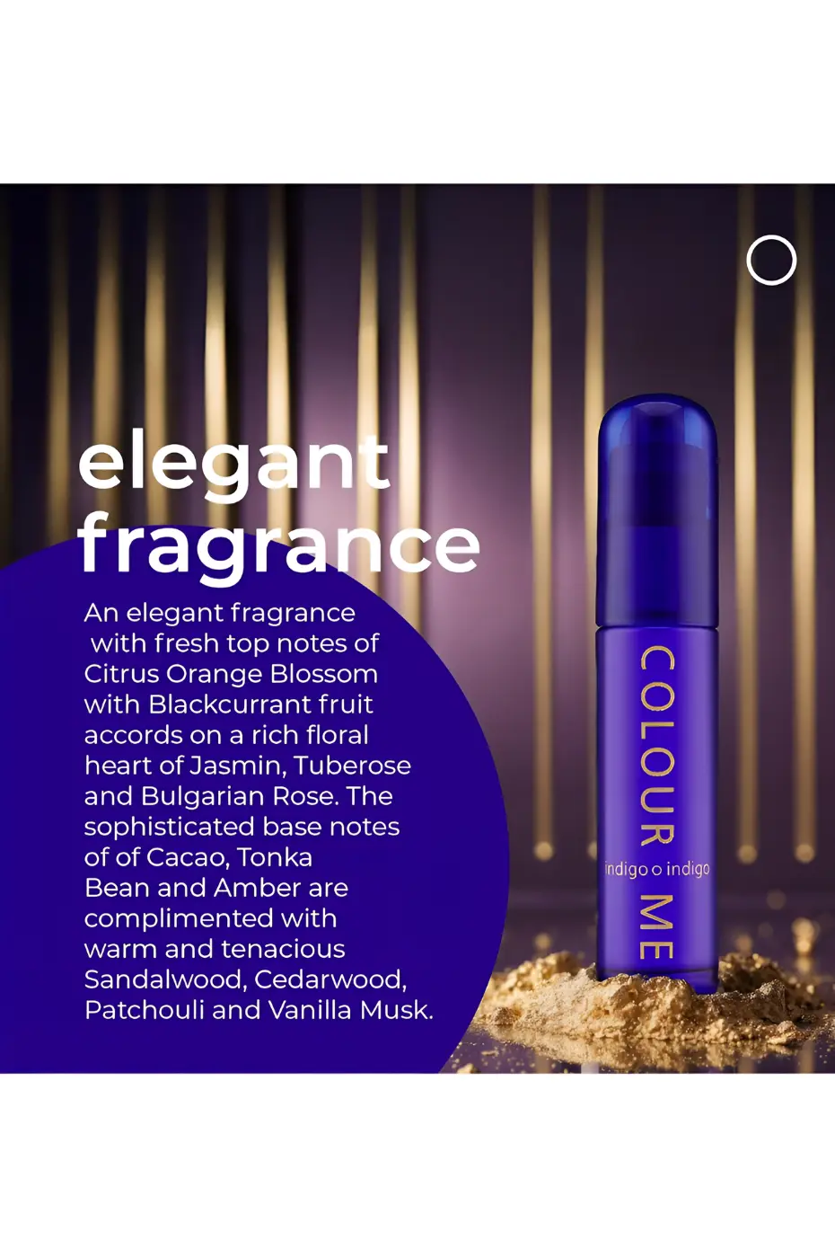 Parfum Femme Élégant Flacon Colour Me Indigo sur fond doré : parfum féminin élégant aux notes florales, boisées et musquées longue tenue.