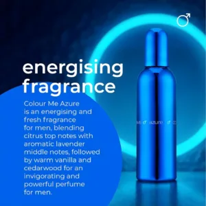 Bouteille de parfum Colour Me Azure bleue avec texte "energising fragrance" décrivant les notes.