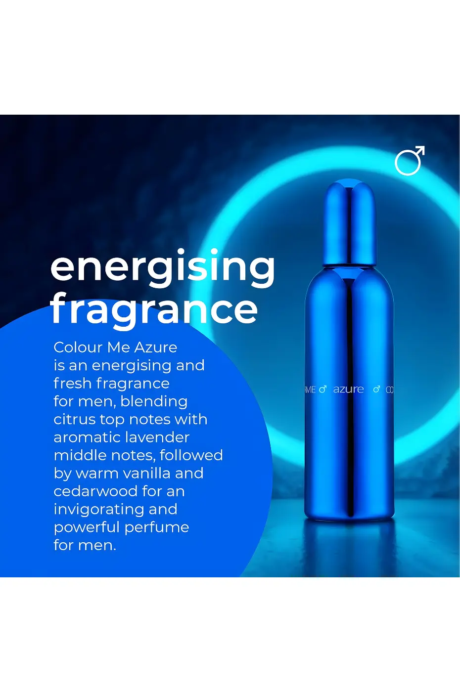 Parfum Homme Énergisant Bouteille de parfum Colour Me Azure bleue avec texte "energising fragrance" décrivant les notes.