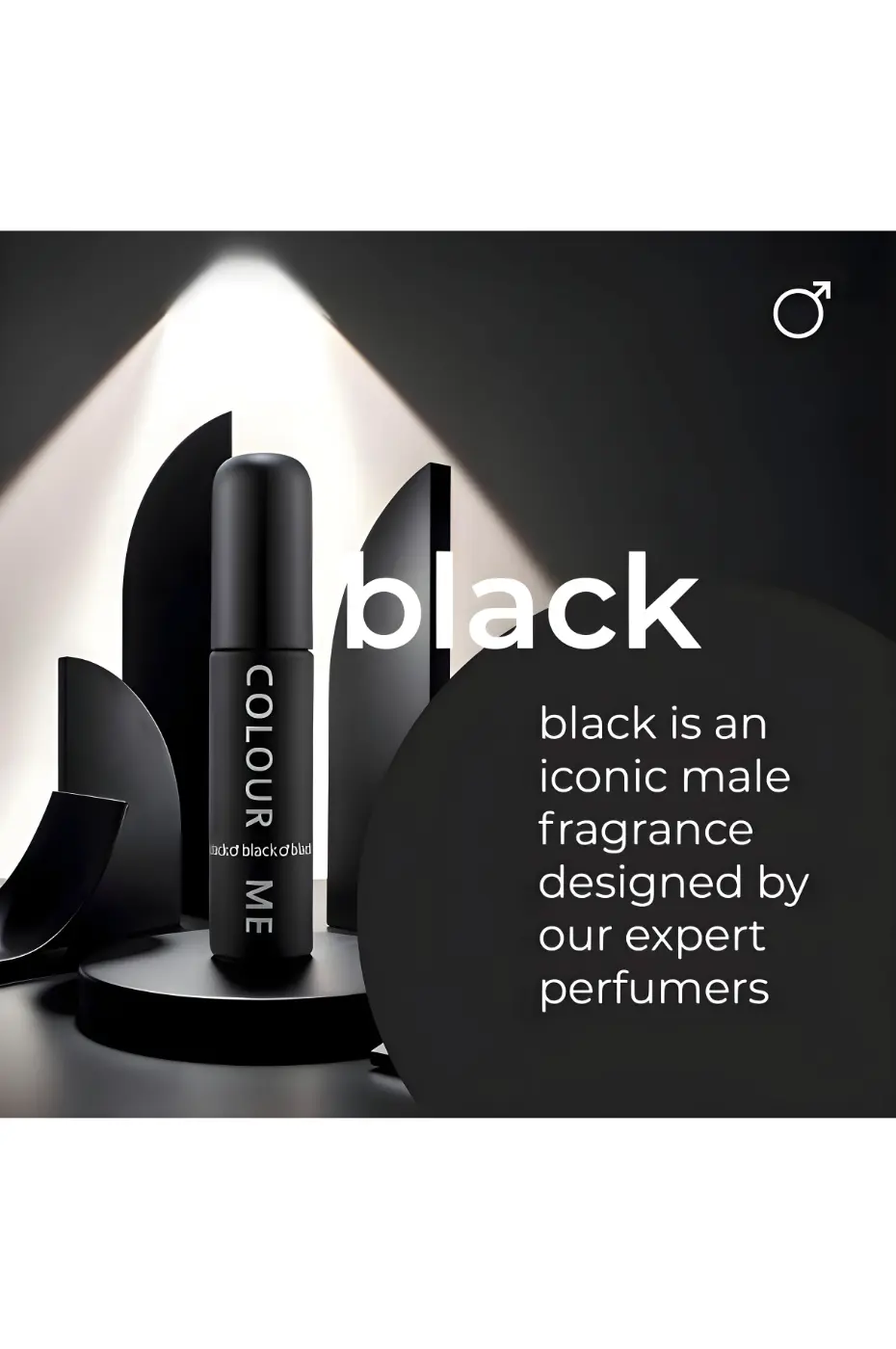 Parfum Homme Flacon noir Colour Me sur un podium stylisé noir, avec le texte "black is an iconic male fragrance".