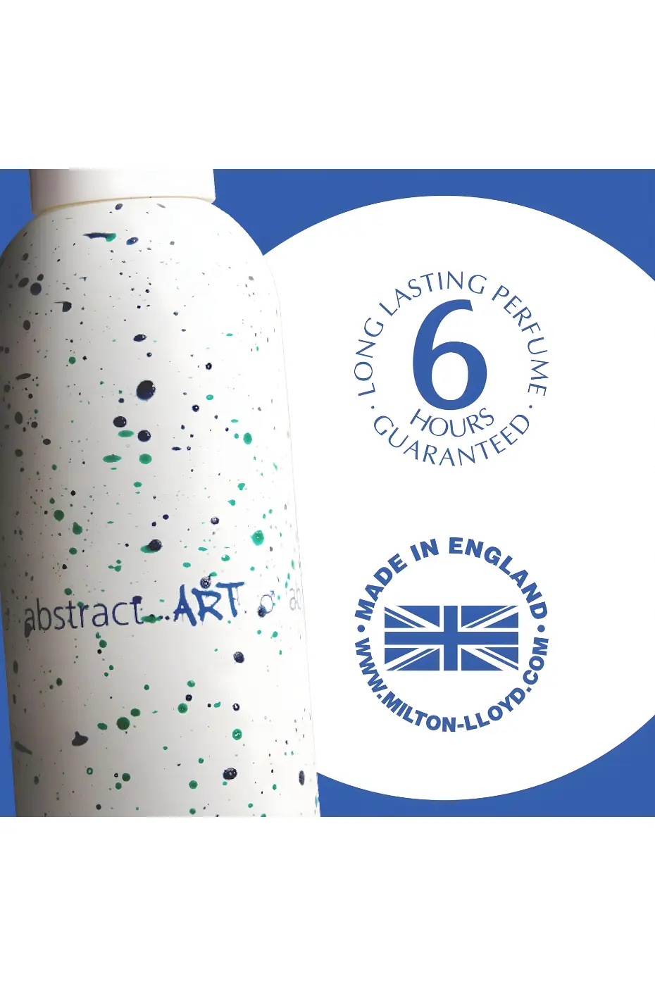 Parfum longue tenue (6h) Gros plan sur le flacon Abstract Art. Logos indiquant une tenue garantie de 6 heures et "Made in England".