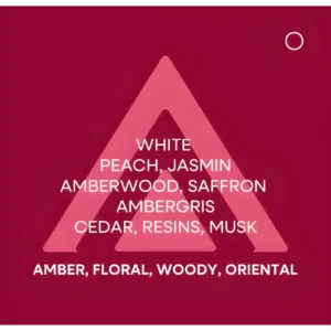 Pyramide olfactive d'un parfum ambré, floral et oriental. Notes de pêche, jasmin, cèdre, musc, ambregris, résines.