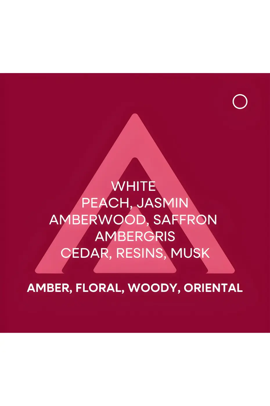 Parfum Mixte Pyramide olfactive d'un parfum ambré, floral et oriental. Notes de pêche, jasmin, cèdre, musc, ambregris, résines.