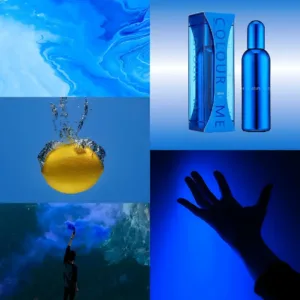 Collage de six images sur le thème bleu : motif marbré, flacon, citron dans l'eau, fumée colorée, et main rétro-éclairée.