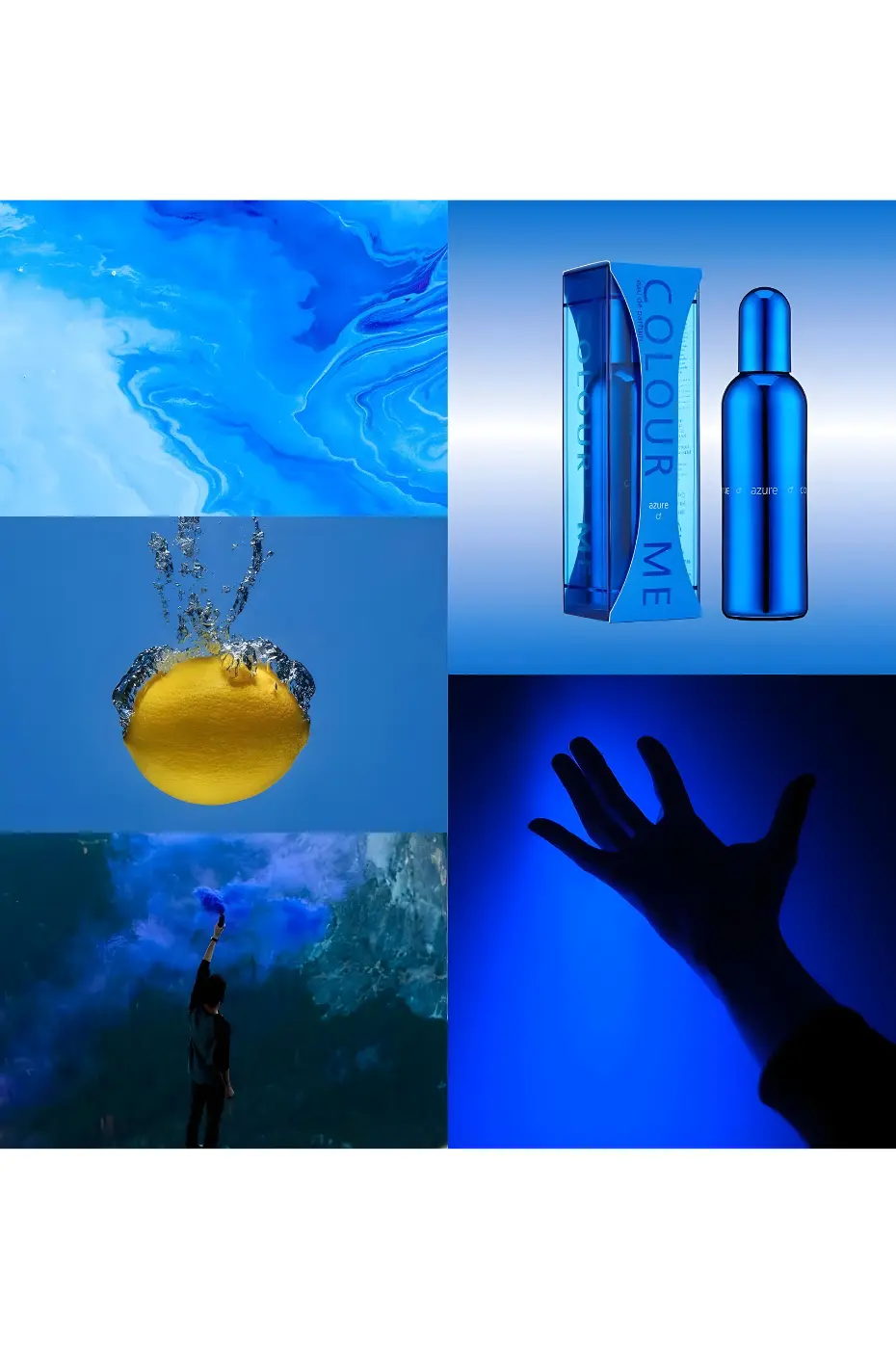 Puissance Collage de six images sur le thème bleu : motif marbré, flacon, citron dans l'eau, fumée colorée, et main rétro-éclairée.
