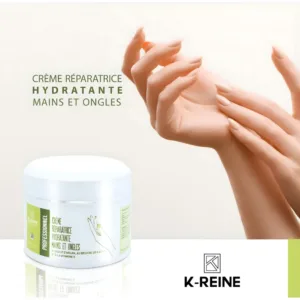 Publicité crème mains K Reine avec mains soignées et pot de soin réparateur à l'huile d'argan, karité et vitamine E.