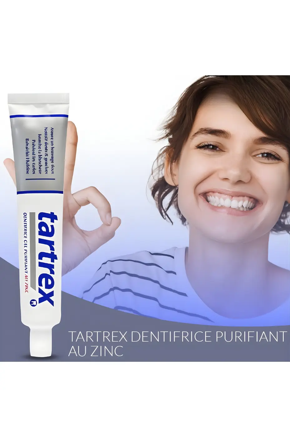 Souriez avec confiance Femme souriante tenant un tube de dentifrice TARTREX au Zinc. Un sourire sain et éclatant.