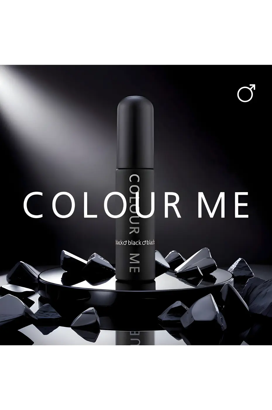 Style audacieux Flacon noir mat Colour Me Black pour homme, posé sur socle brillant avec pierres noires et symbole masculin.