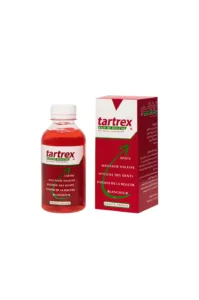 Boîte + bouteille de Bain de Bouche TARTREX aux huiles essentielles 125ml. Mentions : Haleine fraîche, hygiène des dents et blancheur.