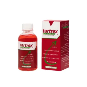 Boîte + bouteille de Bain de Bouche TARTREX aux huiles essentielles 125ml. Mentions : Haleine fraîche, hygiène des dents et blancheur.