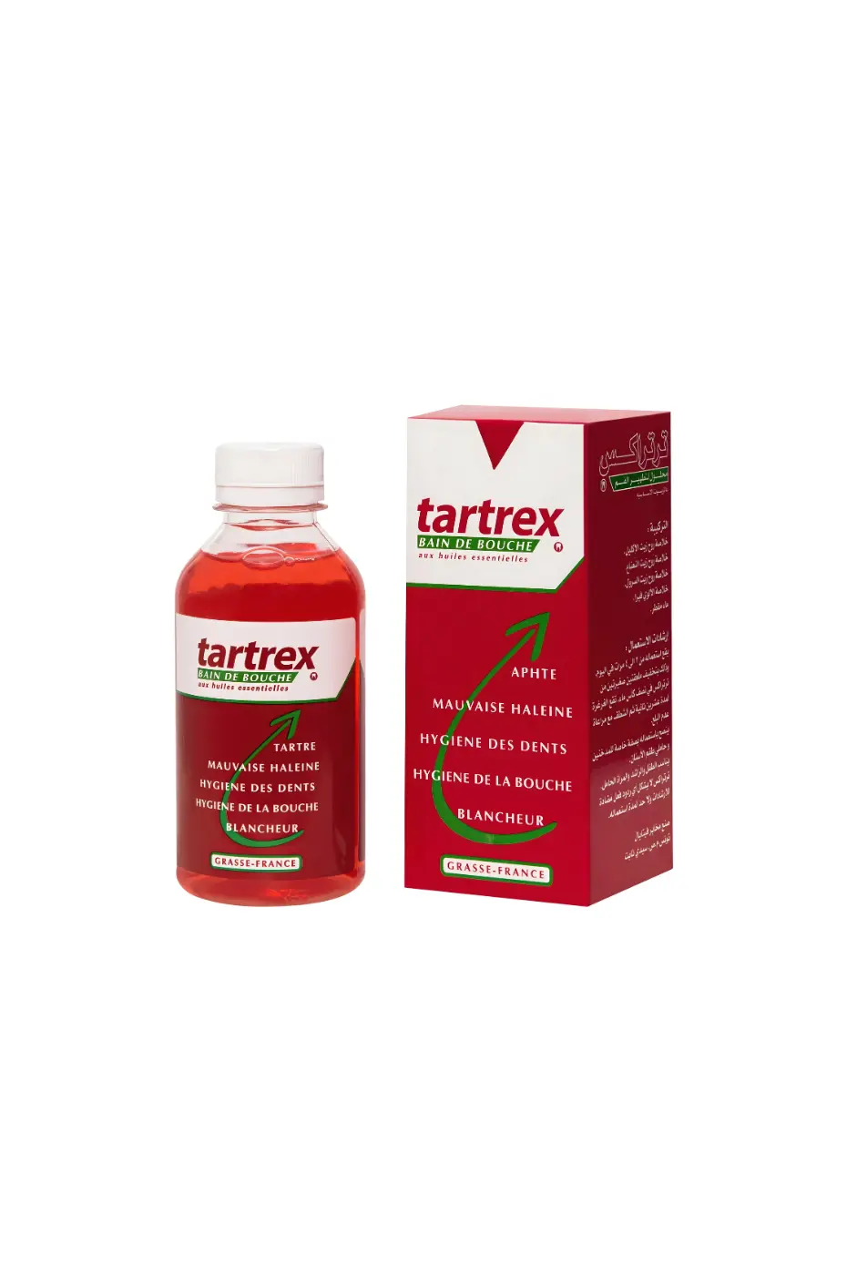 TARTREX Bain de Bouche Boîte + bouteille de Bain de Bouche TARTREX aux huiles essentielles 125ml. Mentions : Haleine fraîche, hygiène des dents et blancheur.