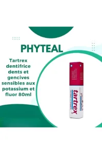 Boîte de dentifrice TARTREX 80 ml pour dents et gencives sensibles. Couleur dominante vert et blanc. Contient du Potassium et du Fluor.