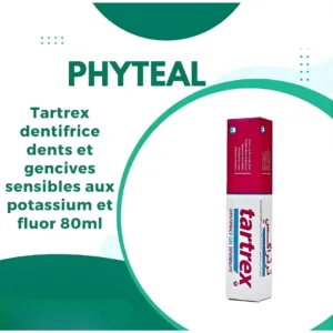Boîte de dentifrice TARTREX 80 ml pour dents et gencives sensibles. Couleur dominante vert et blanc. Contient du Potassium et du Fluor.