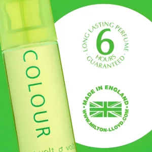 Zoom sur le parfum Colour Me Volt avec logos garantissant 6 heures de tenue et une fabrication en Angleterre par Milton-Lloyd.