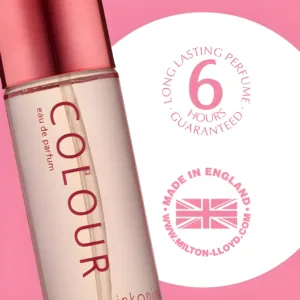 Flacon Colour Me Pink EDP avec mention "6 heures garanties", fond rose et logo "Made in England" en évidence.