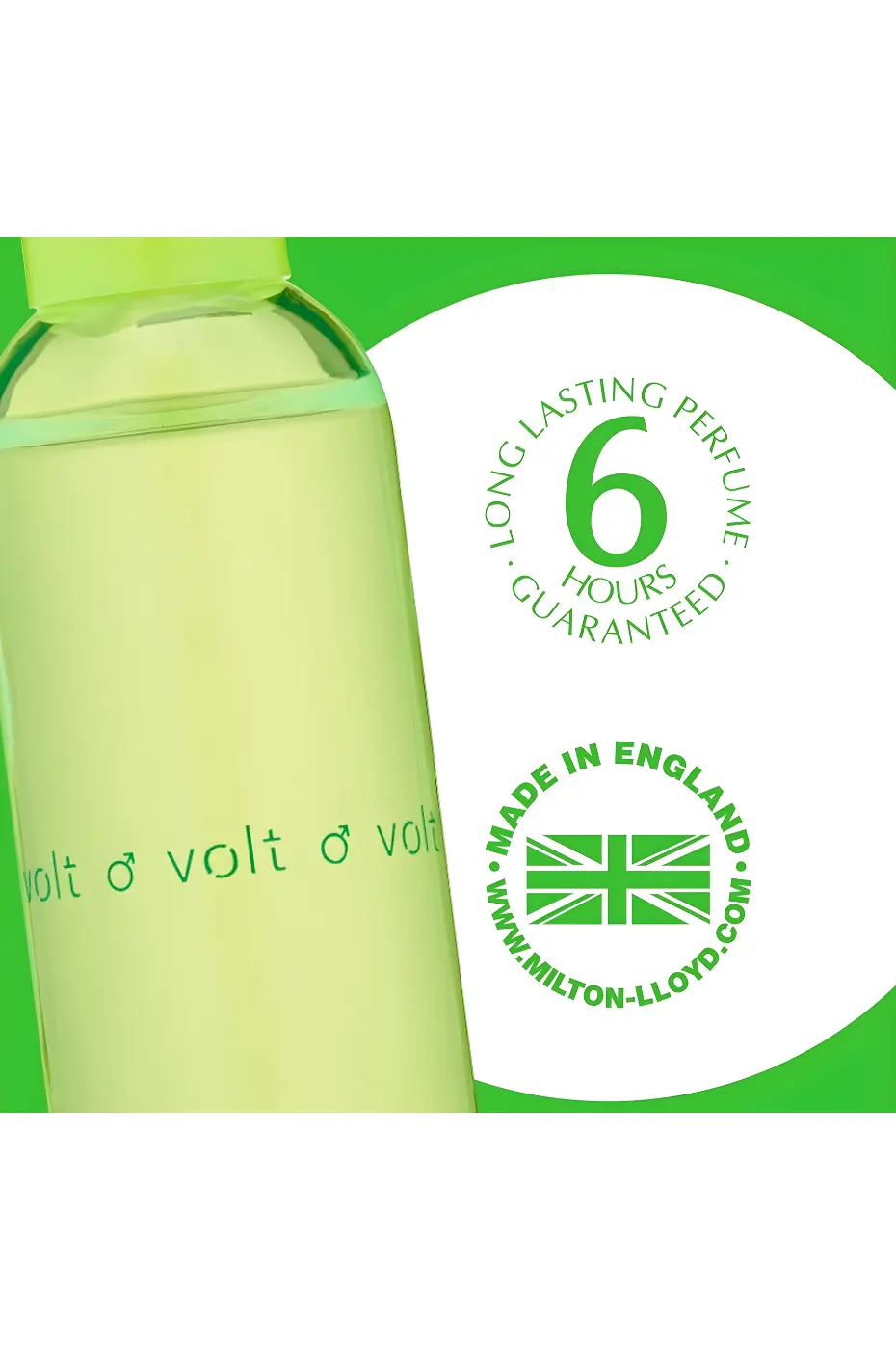 Tenue 6h Gros plan sur le flacon Colour Me Volt. Détails : parfum longue tenue garanti 6 heures et fabrication "Made in England".