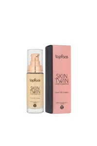 Flacon pompe et boîte du fond de teint liquide Topface Skin Twin Cover teinte 003 Beige, fini satiné et effet naturel.