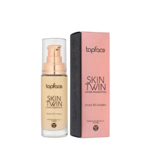 Flacon pompe et boîte du fond de teint liquide Topface Skin Twin Cover teinte 003 Beige, fini satiné et effet naturel.