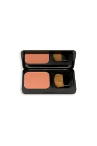 Poudrier ouvert de blush compact Yves Morel n°19 Dark Peach avec son pinceau applicateur et miroir sur fond blanc épuré.