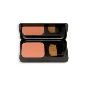 Poudrier ouvert de blush compact Yves Morel n°19 Dark Peach avec son pinceau applicateur et miroir sur fond blanc épuré.