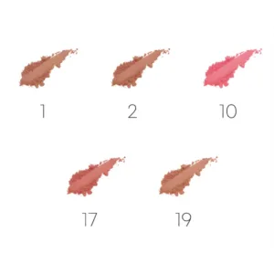 Nuancier de cinq teintes de blush numérotées 1, 2, 10, 17 et 19, allant du rose doux au brun chaud pour tous les tons de peau.