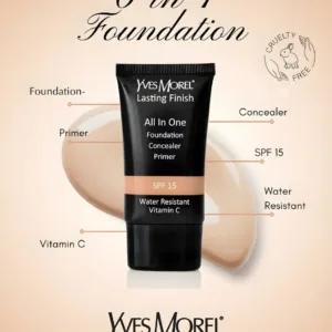 Infographie du fond de teint 6-en-1 Yves Morel détaillant ses bénéfices : Vitamine C, SPF 15, résistant à l'eau et Cruelty Free.