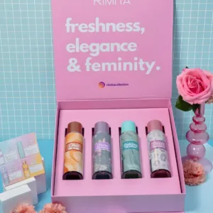 Coffret rose Rimita ouvert révélant 4 brumes parfumées avec slogan : freshness, elegance and feminity.