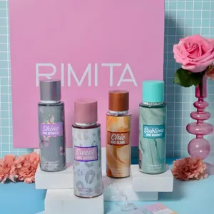 Collection de brumes Rimita : Chic and Glam, Shine and Sparkle, Sweet and Serene, et Sublime and Radiant sur socles.