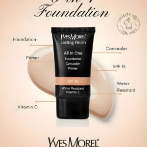 Infographie du fond de teint Yves Morel détaillant les 6 bénéfices : Primer, SPF 15, Vitamine C, Waterproof et Correcteur.