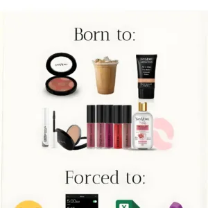 Montage comparant les plaisirs (maquillage Yves Morel, café) aux obligations (réveil matinal, tableur Excel, sport).