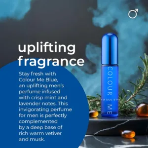 Parfum Colour Me Blue entouré de menthe et lavande, soulignant ses notes vivifiantes et son fond chaleureux.