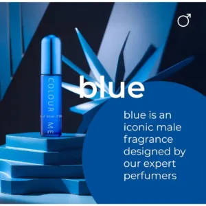 Flacon Colour Me Blue sur socle design bleu avec texte décrivant un parfum iconique pour homme par des experts.